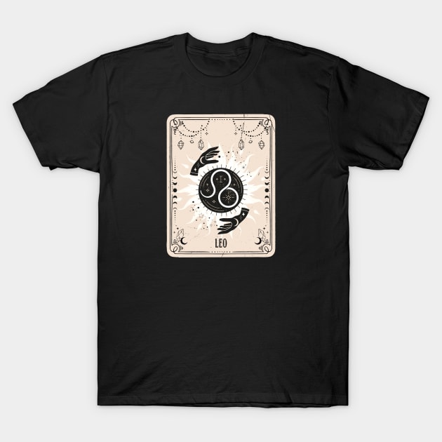 Leo  zodiac symbol card with fortune teller mystic hands. T-Shirt by MonochromeEcho